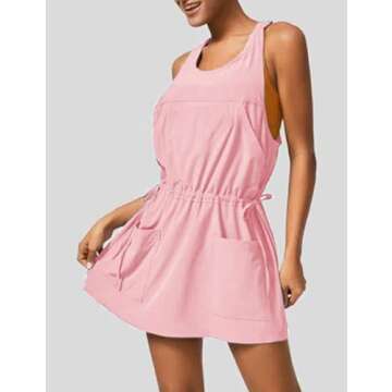 Ailoqing Mini Athletic Dress for Women Summer 2 Piece Set Sleeveless Active Dress with Built-in Shorts(Pink-XS)