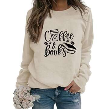 Womens Lightweight Pullovers Tops Coffee And Books Reading Graphic Shirt Loose Long Sleeve Crew Neck...