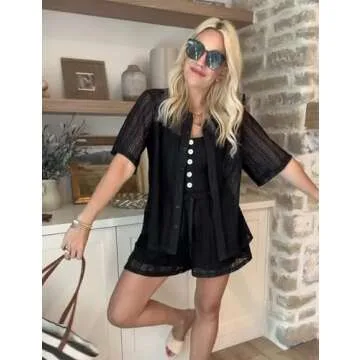 IQSQSQ 2 Piece Crochet Swimsuit Cover Ups for Women Hollow Out Knit Half Sleeve Tops Shorts Sets