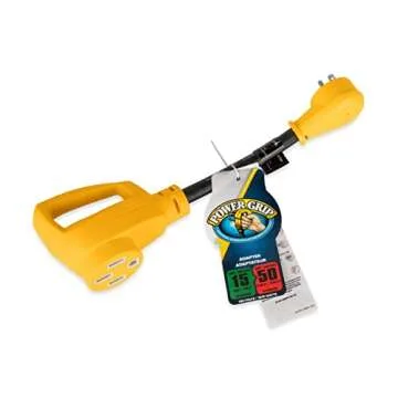 Camco RV Dogbone Electrical Adapter with Innovative 180 Degree Bend Design and PowerGrip Handle - 15 Amp Male to 50 Amp Female, 12" (55168)