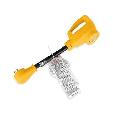 Camco RV Dogbone Electrical Adapter with Innovative 180 Degree Bend Design and PowerGrip Handle - 15 Amp Male to 50 Amp Female, 12" (55168)
