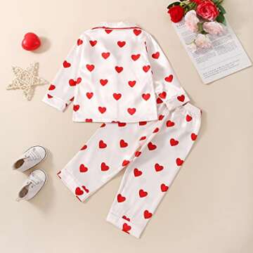 BULINGNA Kids Toddler Girl Pajamas Set Heart Print Button Down Pajamas Top Long Pants Satin Two Piec...