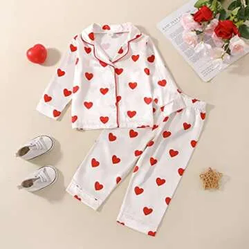 BULINGNA Kids Toddler Girl Pajamas Set Heart Print Button Down Pajamas Top Long Pants Satin Two Piece Pjs Sleepwear Clothes (White+Red, 3-4 Years)