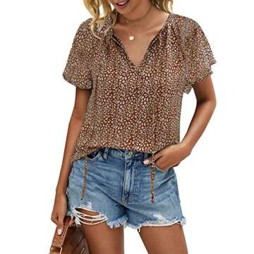 Mansy Women's Casual Floral Print V Neck Ruffle Short Sleeve Summer Shirts Tops Loose Blouses