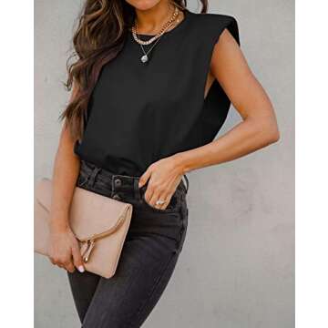 BZB Women Sleeveless T Shirt Padded Shoulder Crewneck Solid Color Loose Tank Tops Black