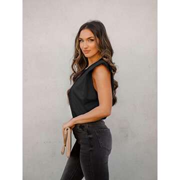 BZB Women Sleeveless T Shirt Padded Shoulder Crewneck Solid Color Loose Tank Tops Black