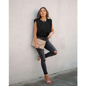 BZB Women Sleeveless T Shirt Padded Shoulder Crewneck Solid Color Loose Tank Tops Black