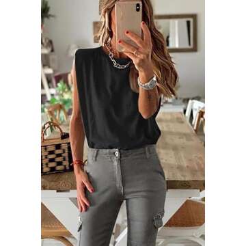 BZB Women Sleeveless T Shirt Padded Shoulder Crewneck Solid Color Loose Tank Tops Black