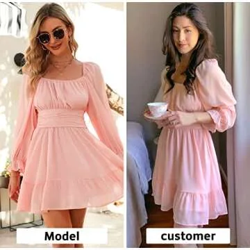 EXLURA Women Tie Back Wedding Guest Dresses Long Lantern Sleeve Square Neck Ruffle Elastic Waist Aline Casual Mini Dress Pink