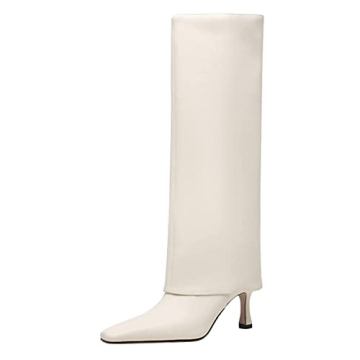Goolita Women's Stiletto Heel Knee High Boots Square Toe Slip On Fold Over Boots For Women Leather C...