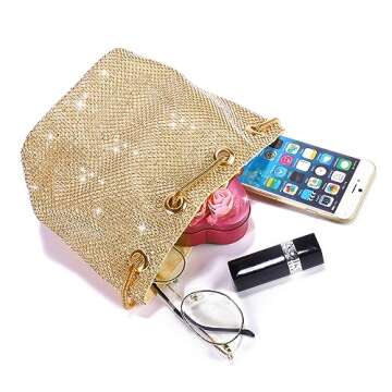 JIAN YA NA Full Rhinestones Bucket Bag for Women Fashion Shoulder Bag Purses Crossbody Bags with Long Chain Evening Bag for Wedding Party