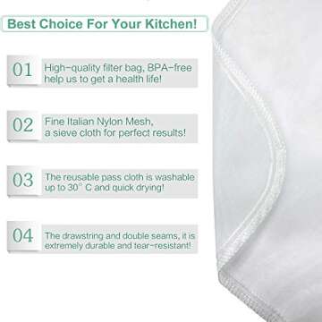Bellamei Nut Milk Bag Reusable 3 Pack Food Strainer Nut Bags for Straining Almond/Soy Milk Greek Yogurt Professional for Cold Brew Coffee Tea Beer Celery Juice Fine Nylon Mesh(8"x12"/10"x12"/13"x13")