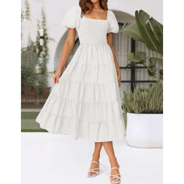 ZESICA Women's 2025 Summer Square Neck Short Puff Sleeve Solid Color High Waist Casual Smocked Flowy A Line Tiered Midi Dress,White,Large