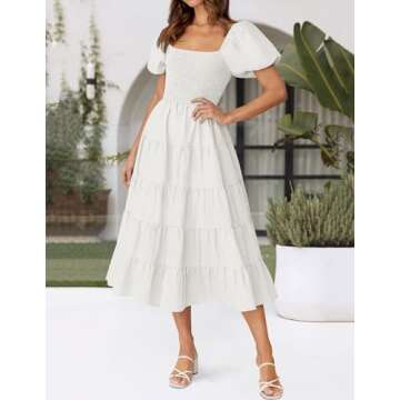 ZESICA Women's 2025 Summer Square Neck Short Puff Sleeve Solid Color High Waist Casual Smocked Flowy A Line Tiered Midi Dress,White,Large