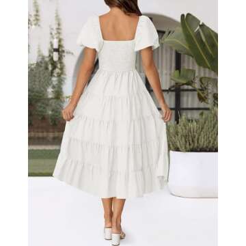 ZESICA Women's 2025 Summer Square Neck Short Puff Sleeve Solid Color High Waist Casual Smocked Flowy A Line Tiered Midi Dress,White,Large