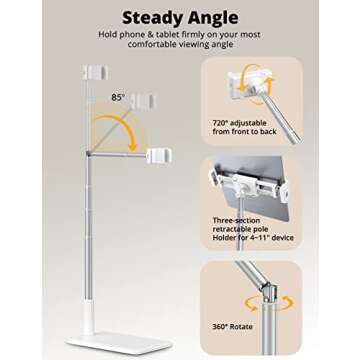 SupeDesk Adjustable Tablet Holder - Flexible Arm Stand, 4-11" Phone/Tablet/iPad/iPhone Holder, 360 Rotate for Bedside, Sofa, Table, Desk, White