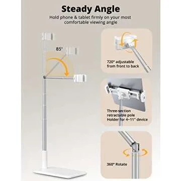 SupeDesk Adjustable Tablet Holder - Flexible Arm Stand, 4-11" Phone/Tablet/iPad/iPhone Holder, 360 Rotate for Bedside, Sofa, Table, Desk, White