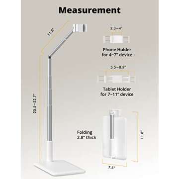 SupeDesk Adjustable Tablet Holder - Flexible Arm Stand, 4-11" Phone/Tablet/iPad/iPhone Holder, 360 Rotate for Bedside, Sofa, Table, Desk, White
