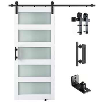 SmartStandard 36.5 x 84 in Glass Barn Door with 6.6FT Sliding Door Hardware Kit & Handle, Pre-Drille...