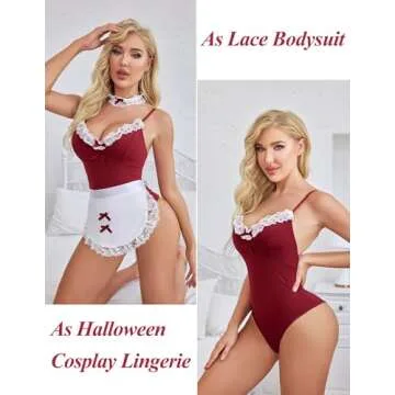 Avidlove Women Maid Costume Set Sexy Halloween Cosplay Lingerie Teddy and Apron with Choker