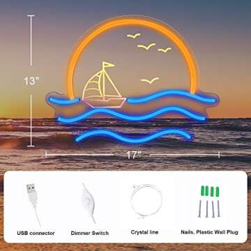 Sunset Neon Sign for Bedroom, Sunrise & Sunset at Sea Neon Light Sign for Wall Decor, 5V Sailboat Ne...