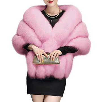 UMREN Women's Luxury Party Faux Fox Fur Long Shawl Cloak Cape for Winter Pink A