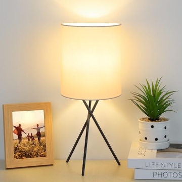 FOLKSMATE Bedside Table Lamp with Black Metal Base, Modern Small Desk Lamp, Nightstand Lamp with Whi...