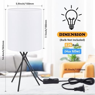 FOLKSMATE Bedside Table Lamp with Black Metal Base, Modern Small Desk Lamp, Nightstand Lamp with White Lampshade, Home Living Room, Bulb Not Included