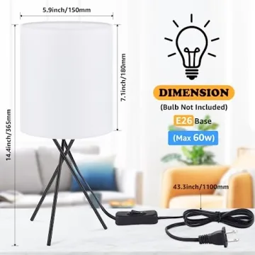 FOLKSMATE Bedside Table Lamp with Black Metal Base, Modern Small Desk Lamp, Nightstand Lamp with White Lampshade, Home Living Room, Bulb Not Included