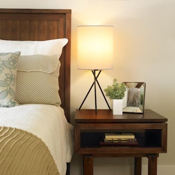 FOLKSMATE Bedside Table Lamp with Black Metal Base, Modern Small Desk Lamp, Nightstand Lamp with White Lampshade, Home Living Room, Bulb Not Included