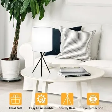 FOLKSMATE Bedside Table Lamp with Black Metal Base, Modern Small Desk Lamp, Nightstand Lamp with White Lampshade, Home Living Room, Bulb Not Included