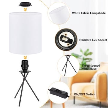 FOLKSMATE Bedside Table Lamp with Black Metal Base, Modern Small Desk Lamp, Nightstand Lamp with White Lampshade, Home Living Room, Bulb Not Included