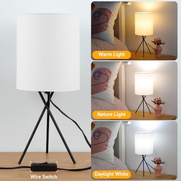 FOLKSMATE Bedside Table Lamp with Black Metal Base, Modern Small Desk Lamp, Nightstand Lamp with White Lampshade, Home Living Room, Bulb Not Included
