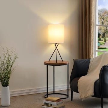 FOLKSMATE Bedside Table Lamp with Black Metal Base, Modern Small Desk Lamp, Nightstand Lamp with White Lampshade, Home Living Room, Bulb Not Included