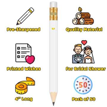 Vusnud 50Pcs - Bridal Shower Sharpened Half Pencils with Erasers, Pre-sharpened Pencils for Bridal Shower & Wedding Games, 4 Inches (White - Miss to Mrs.)