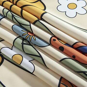 Estmy 70s Retro Boho Floral Psychedelic Shower Curtain in Yellow Orange, Funky Mushrooms Flowers and Eyes Trippy Hippie Vintage Fabric Shower Curtain Set Cottage-core Abstract Aesthetic Bathroom Decor