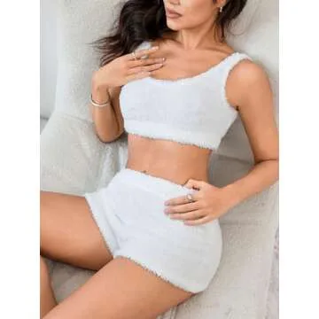 SweatyRocks Women's Fuzzy Pajamas Set Crop Tank Top With Shorts Loungewear White M