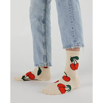 BAGGU Crew Sock - Comfortable Unisex Ecru Cherry Socks