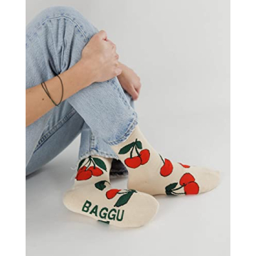 BAGGU Crew Sock - Comfortable Unisex Ecru Cherry Socks