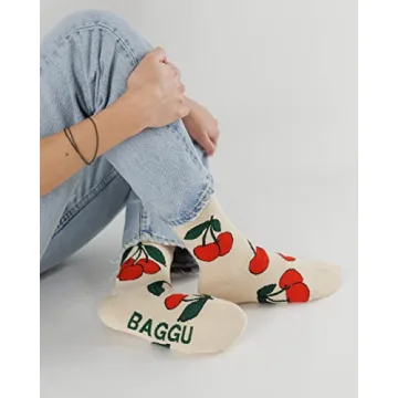 BAGGU Crew Sock - Comfortable Unisex Ecru Cherry Socks