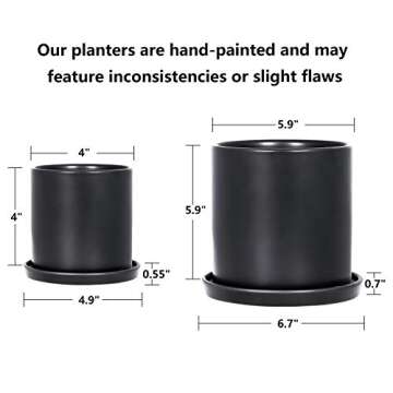 TIMEYARD Plant Pots Indoor, Modern Planters with Drainage Hole and Tray, Matte Black Ceramic Cylinder Planters, 4in 6in for Flowers, Succulents, Mid Century Home Garden Decor, Set of 2