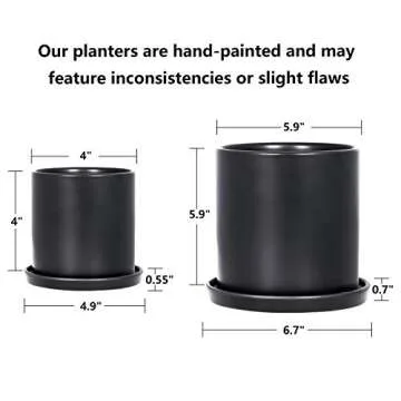 TIMEYARD Plant Pots Indoor, Modern Planters with Drainage Hole and Tray, Matte Black Ceramic Cylinder Planters, 4in 6in for Flowers, Succulents, Mid Century Home Garden Decor, Set of 2