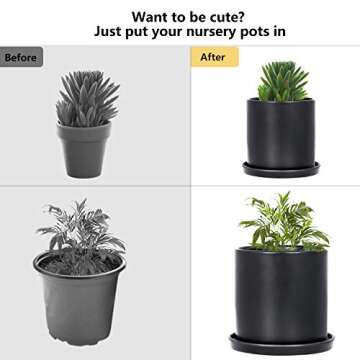 TIMEYARD Plant Pots Indoor, Modern Planters with Drainage Hole and Tray, Matte Black Ceramic Cylinder Planters, 4in 6in for Flowers, Succulents, Mid Century Home Garden Decor, Set of 2