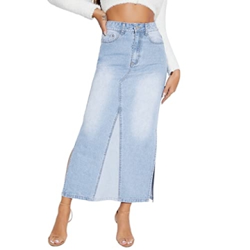 Long Denim Skirt Women Vintage High Waist Patchwork Pencil Long Jean Skirt Side Split Denim Skirt Li...