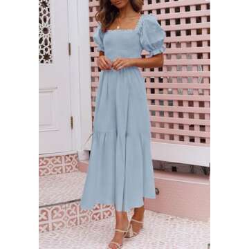 ZESICA Women's 2025 Summer Boho Floral Print Square Neck Ruffle Swing Beach Long Maxi Dress,LightBlue,Medium