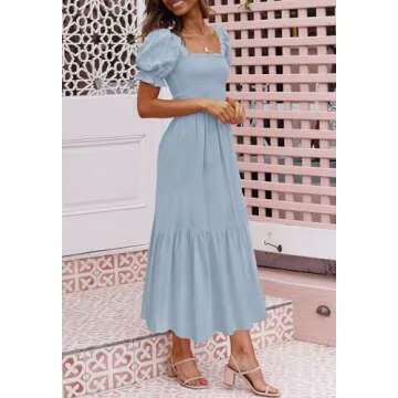 ZESICA Women's 2025 Summer Boho Floral Print Square Neck Ruffle Swing Beach Long Maxi Dress,LightBlue,Medium