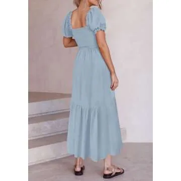 ZESICA Women's 2025 Summer Boho Floral Print Square Neck Ruffle Swing Beach Long Maxi Dress,LightBlue,Medium