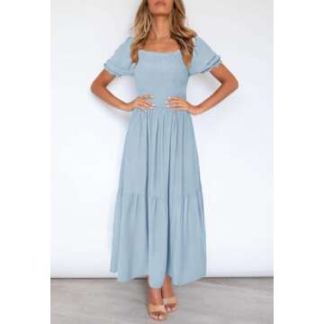 ZESICA Women's 2025 Summer Boho Floral Print Square Neck Ruffle Swing Beach Long Maxi Dress,LightBlue,Medium