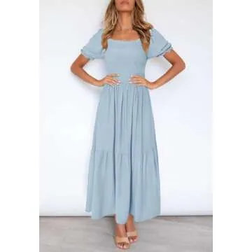 ZESICA Women's 2025 Summer Boho Floral Print Square Neck Ruffle Swing Beach Long Maxi Dress,LightBlue,Medium