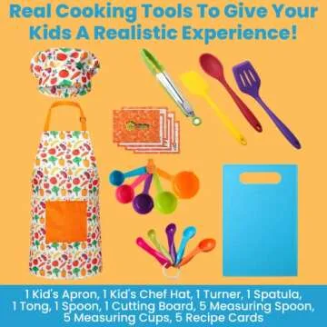 RISEBRITE Real Kids Cooking Set for Girls and Boys – 22 Pcs Gift Set Includes Kids Apron, Chef Hat, Cooking Supplies, Kitchen Utensils and Recipes for The Curious Young Junior Chef